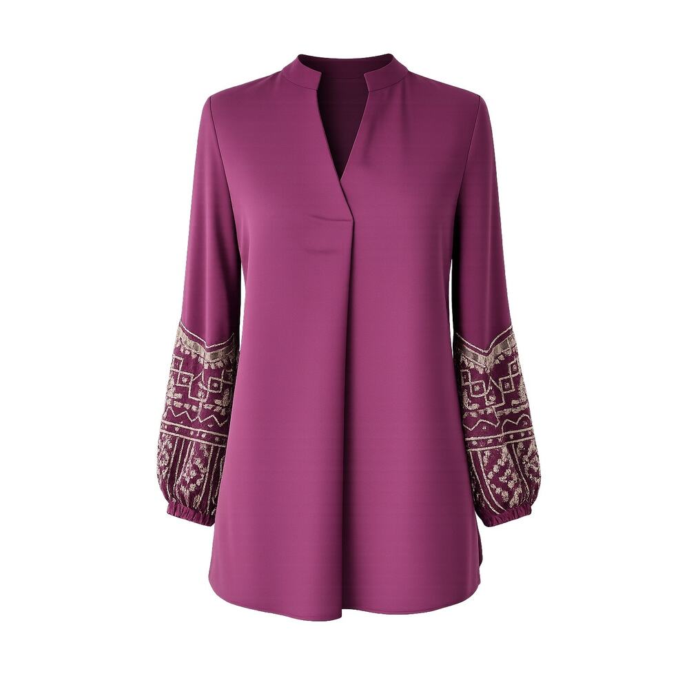 Chico’s Plum Embellished Balloon Sleeve Tunic Top Women’s SMALL Boho Beaded